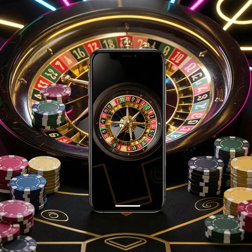 Mobile casino application scene featuring a phone in the center with a roulette wheel and poker chips in the background, illuminated by glowing neon lights in a premium black and gold style, showcasing the 33NA brand.