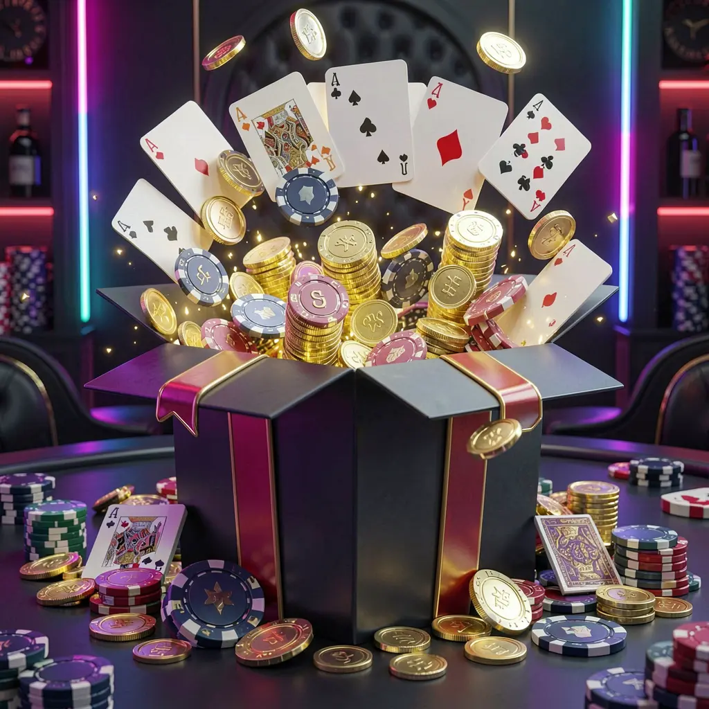 33NA online casino bonus gift box exploding with golden coins, poker chips, and playing cards against a dark luxury background with glowing neon accents