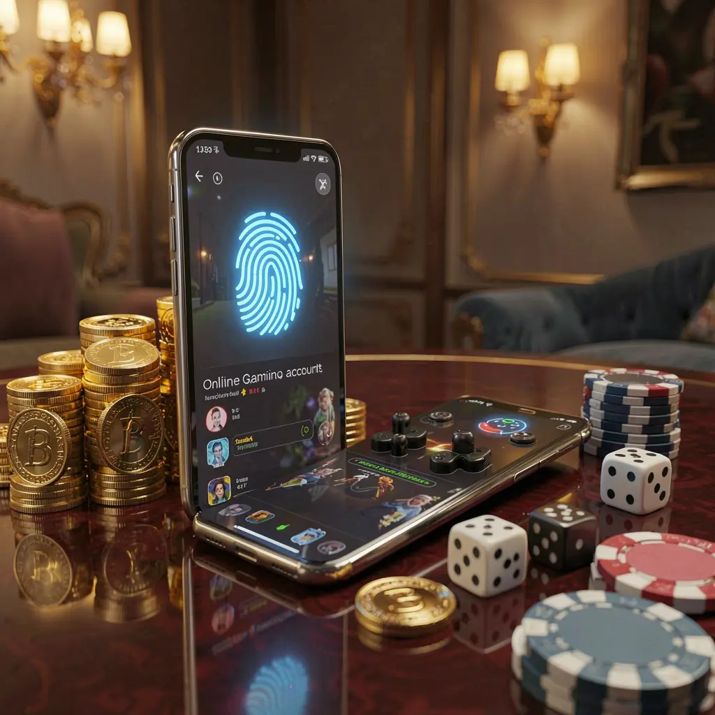 33NA online gaming account access scene featuring a smartphone with a glowing fingerprint icon, surrounded by golden coins, dice, and poker chips on a glossy table under cinematic lighting