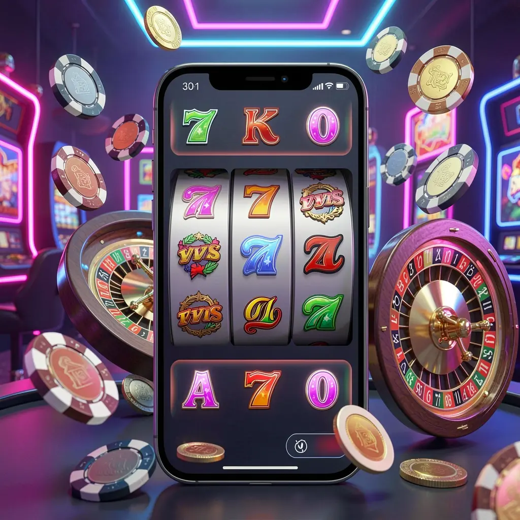 33NA casino entertainment homepage concept featuring a modern mobile phone with slot symbols, roulette wheel, chips, and coins floating around against a neon casino background in a premium 3D render